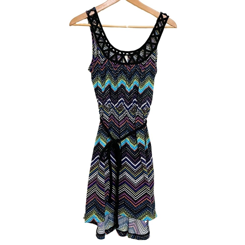 Colourful Boho Chevron Stripe Lattice Neck Asymmetrical Dress – No Boundaries, M